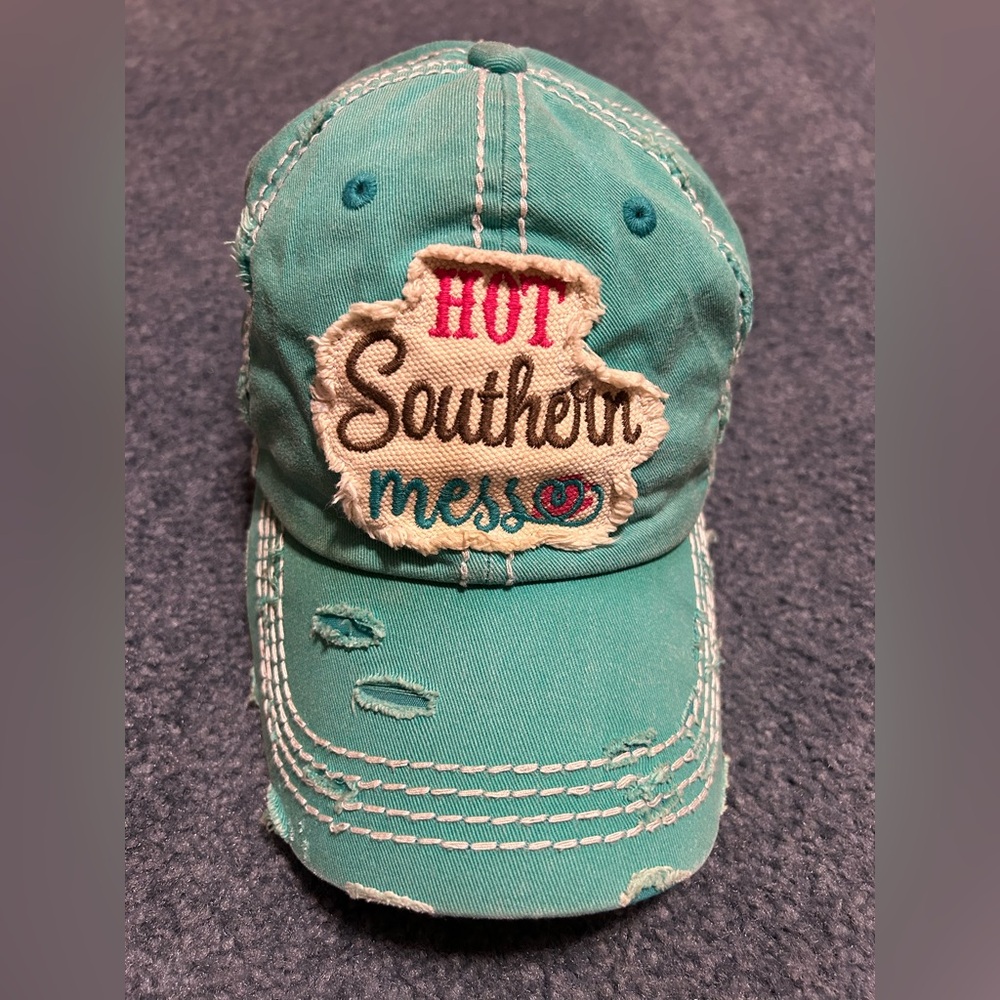 Teal Distressed Cap with Embroidered Patch that says “Hot Southern Mess”